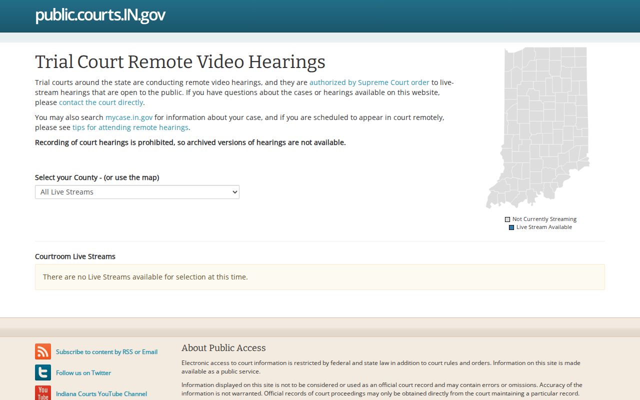 Indiana court livestream landing page and recording warning