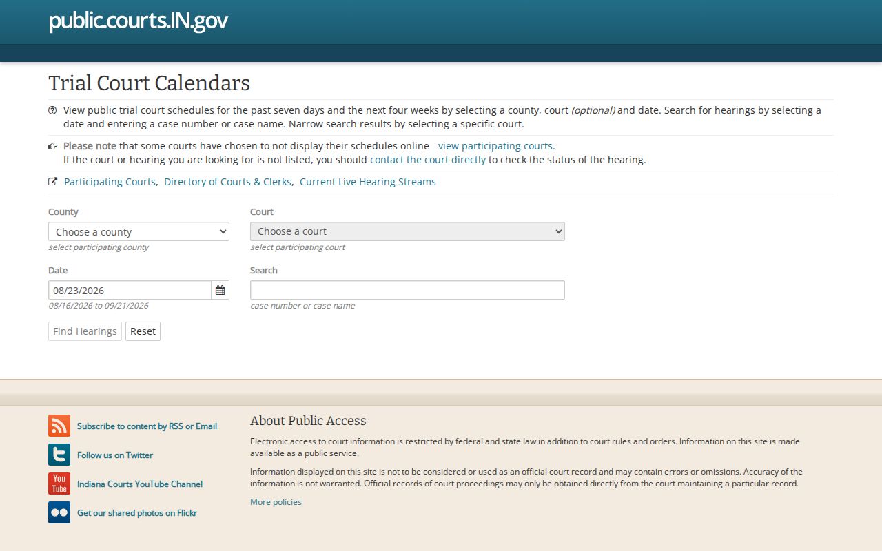 Indiana Trial Court Calendar interface for Porter County hearings