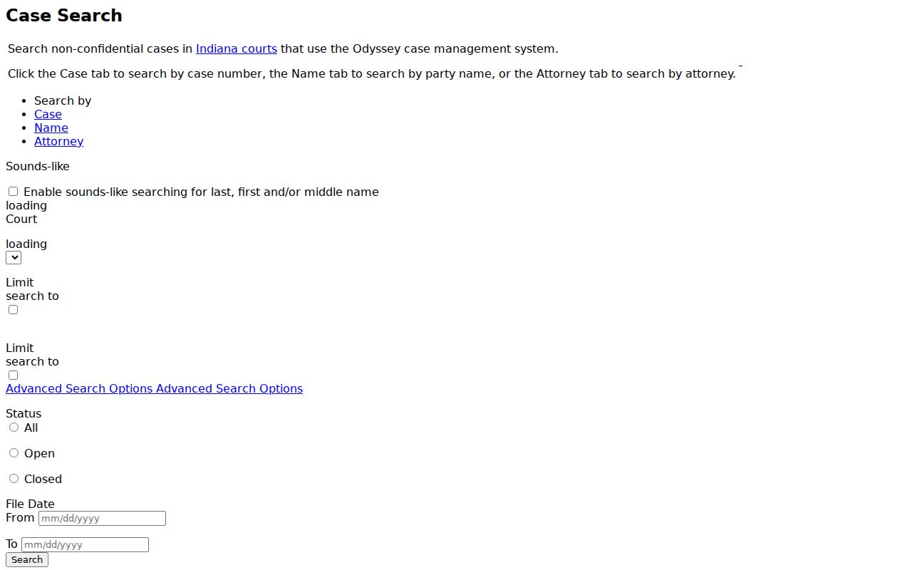 Porter County civil docket search tabs and categories