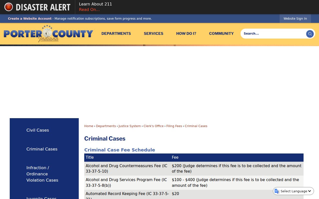 Porter County criminal docket fee table