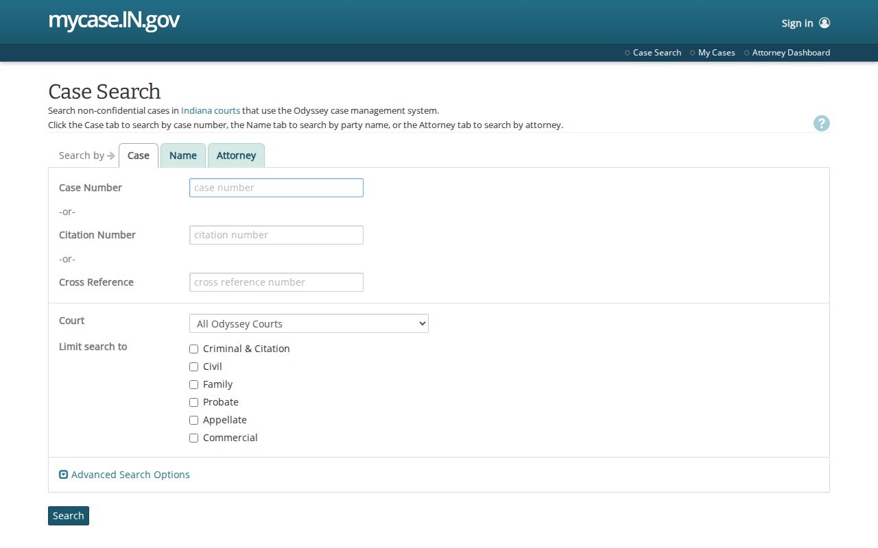 Porter County criminal docket MyCase search interface