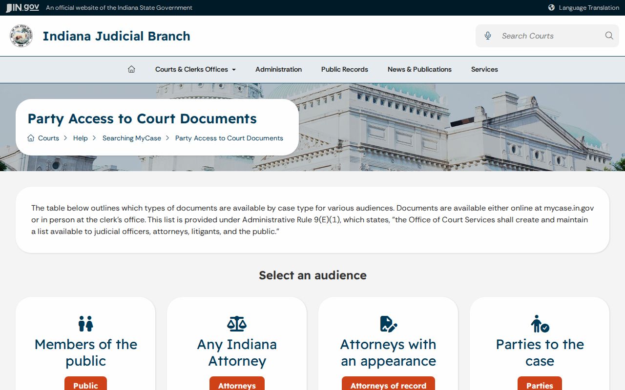 Indiana online and in-person court document access matrix