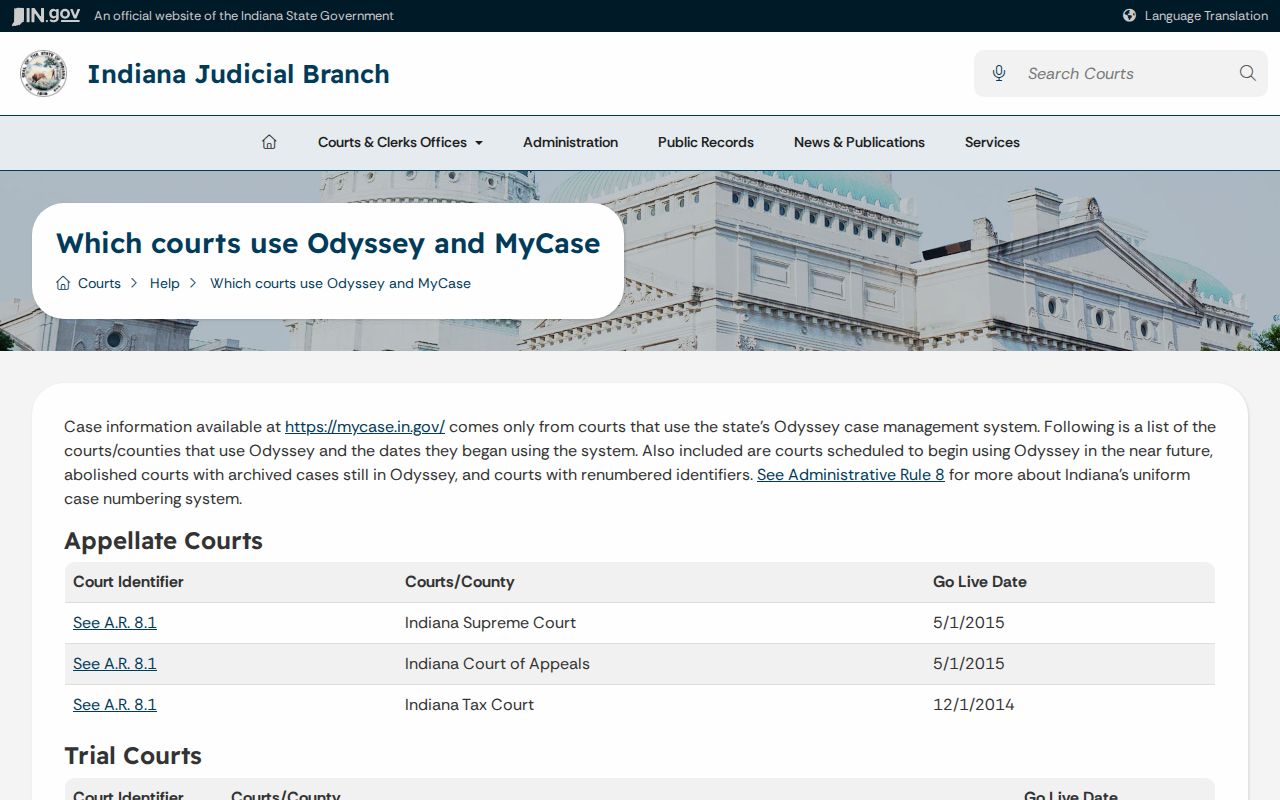 Indiana Odyssey court list with Porter County court identifiers