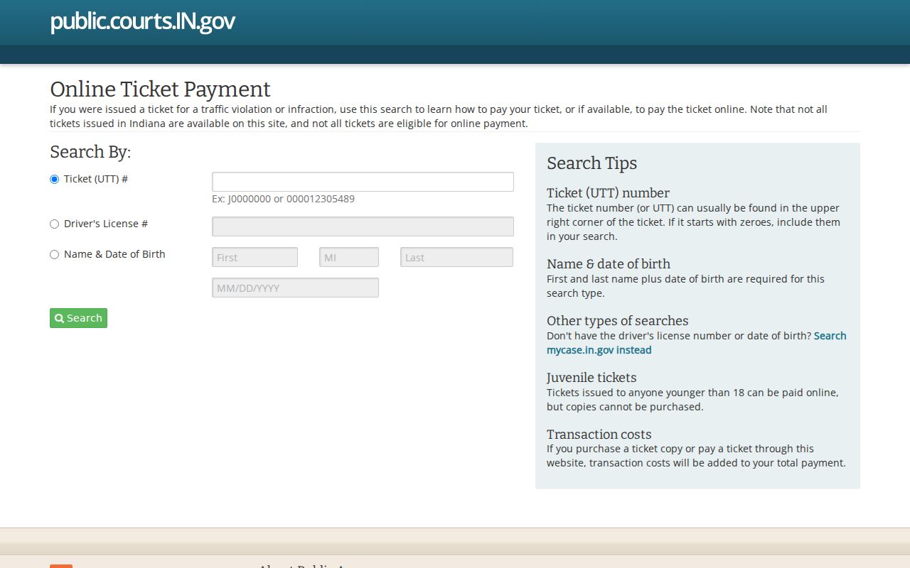 Porter County traffic court record payment interface